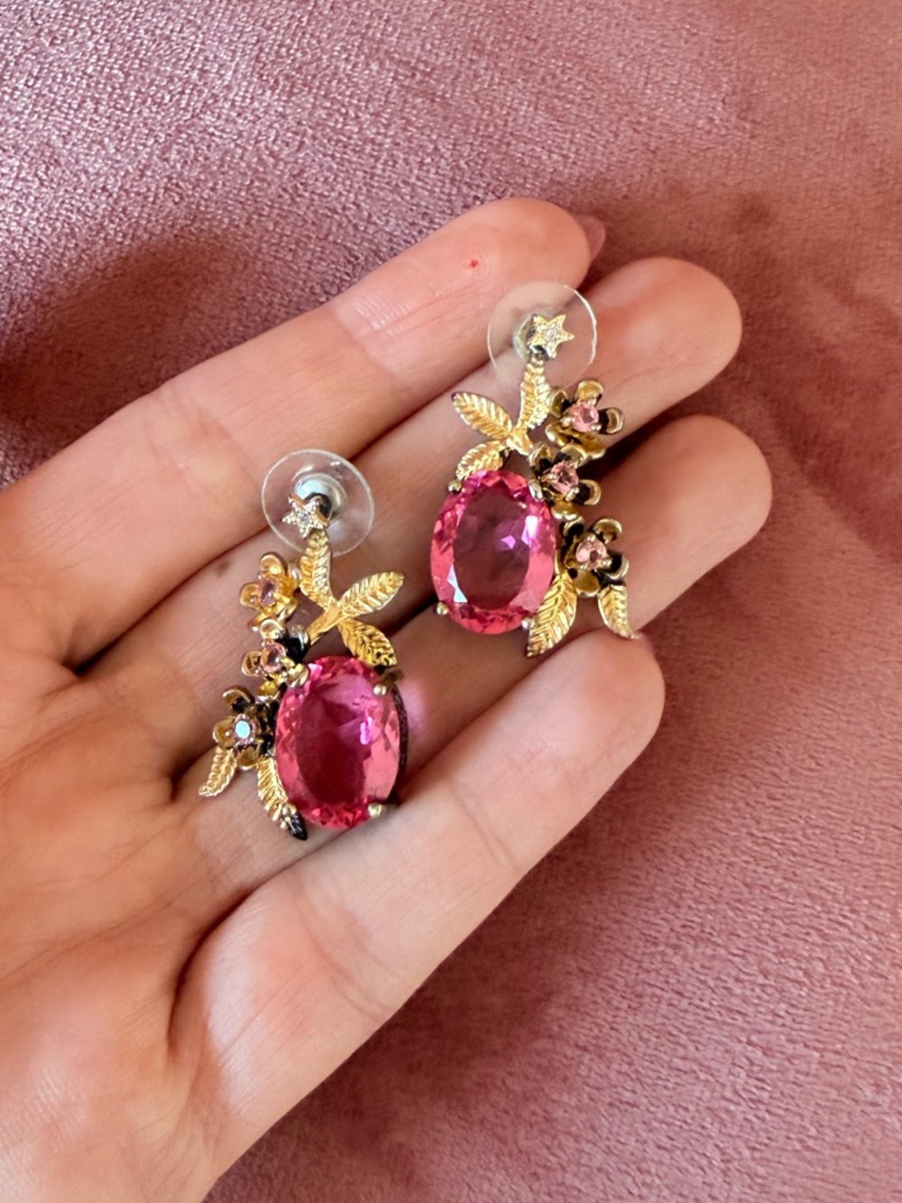 Gold Leaf Drop Earrings with Pink Brilliant Gemstones